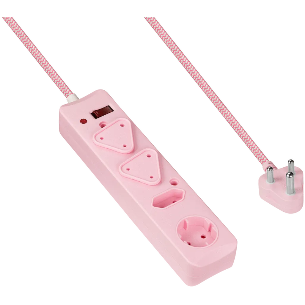 SWITCHED 4 Way Medium Surge Protected Multiplug 0.5M Braided Cord Pink