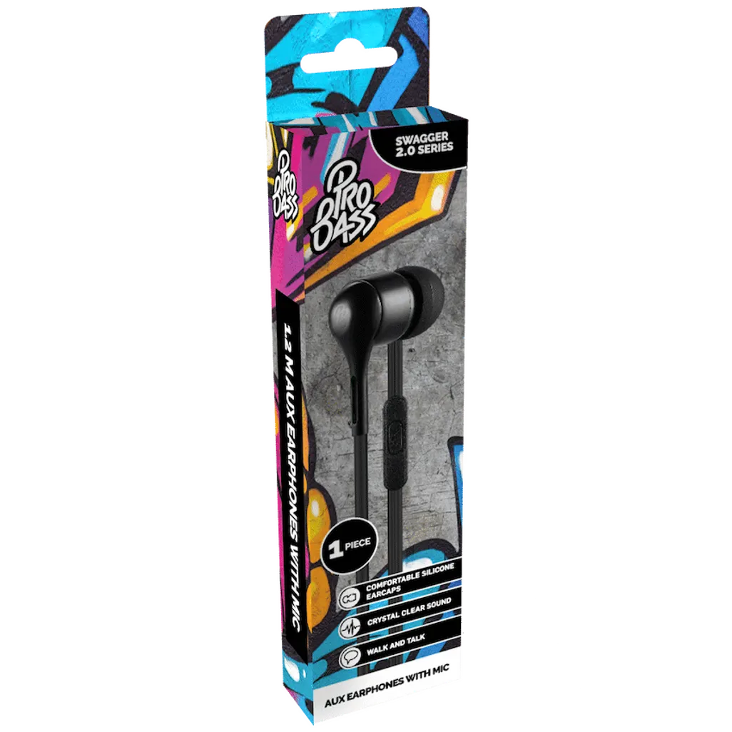 Pro Bass Swagger 2.0 Series - Boxed Auxiliary Earphone with Mic - Black