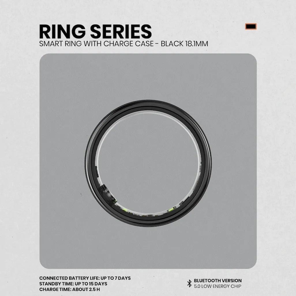 Volkano Ring Series Smart Ring with Charge Case - Black 18.1mm