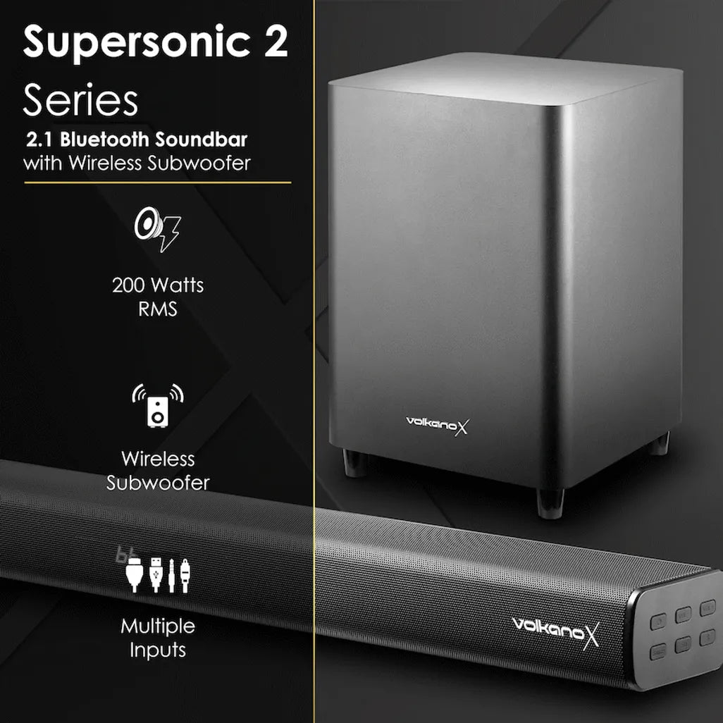 VolkanoX Supersonic 2 Series 2.1 200w Soundbar System with Wireless Subwoofer - Black