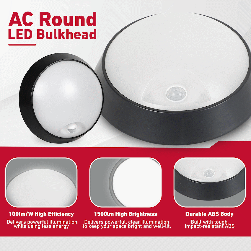 Ellies Spectra Series - AC 15W Round LED Bulkhead with 3CCT and Sensor -BK