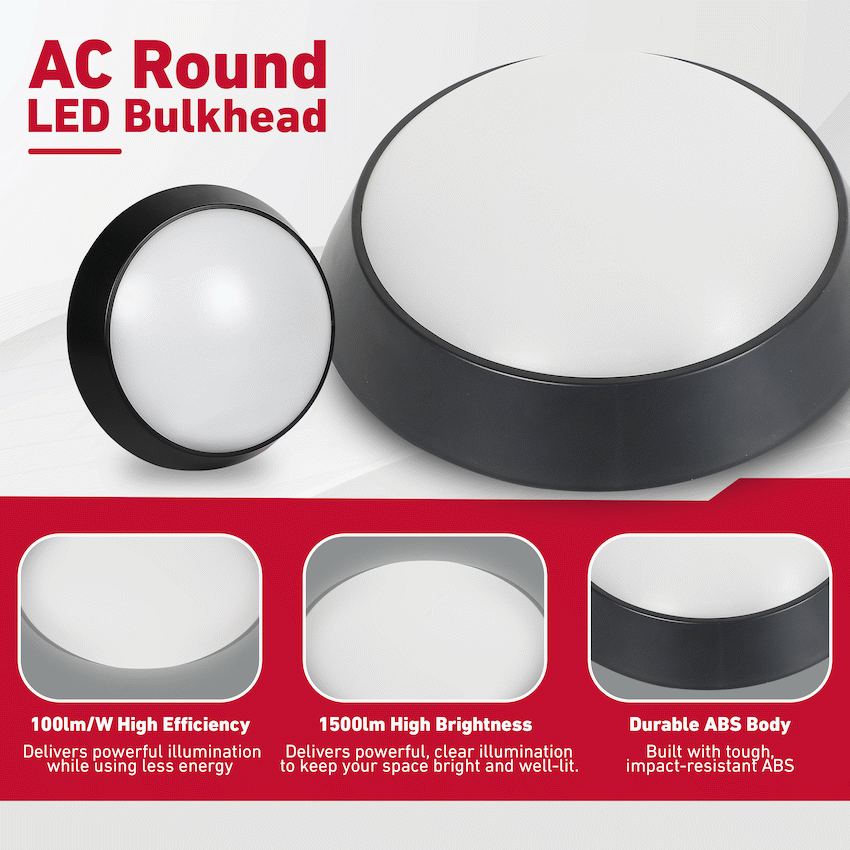 Ellies Spectra Series - AC 15W Round LED Bulkhead with 3CCT -BK
