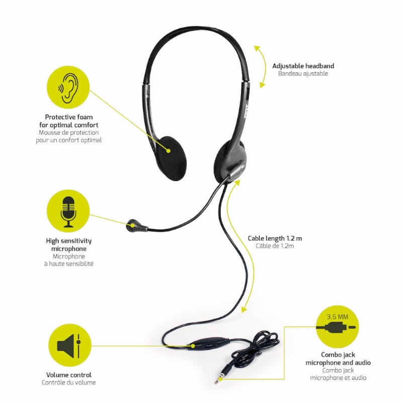 Port Stereo Headset with Mic with 1.2m Cable|1 x 3.5mm|Volume Controller - Black