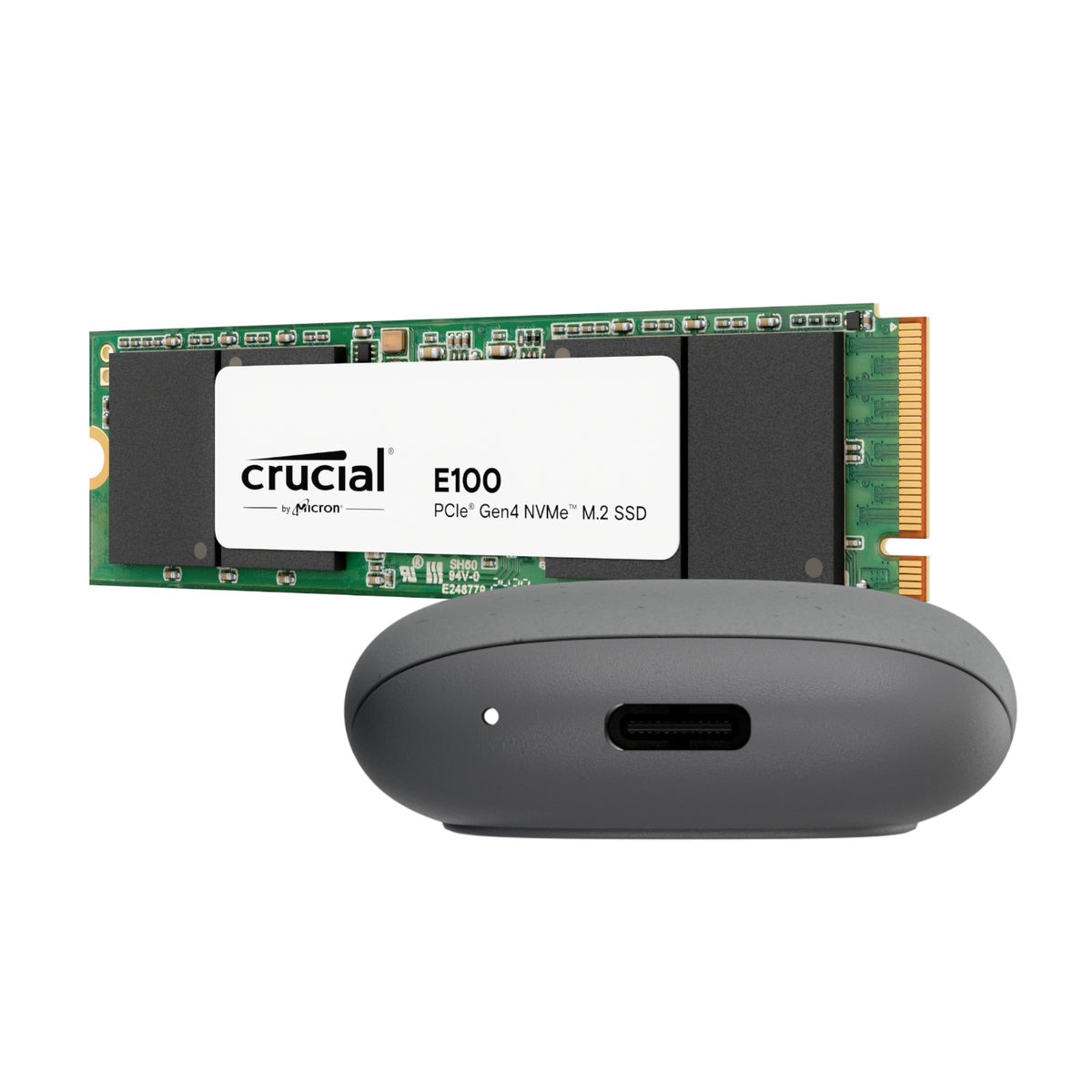 Asus Cobble M.2 SSD Type-C Enclosure and Crucial E100 480GB NVMe Bundle - Grey