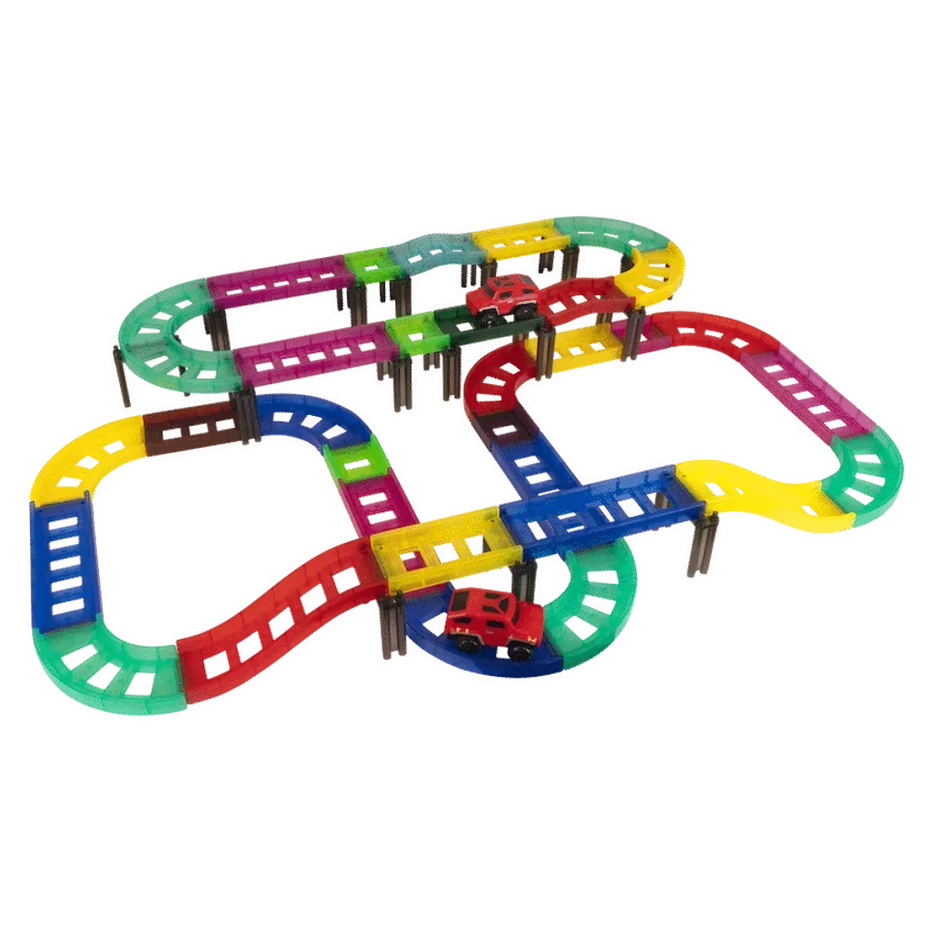 Edu-Matic Mini-Mag Magnetic Tile Tracks with 2 Cars and 93 Pieces