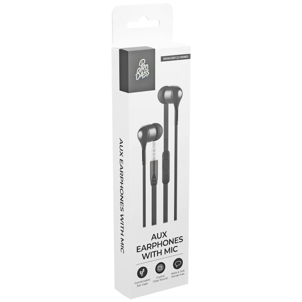 Pro Bass Swagger 2.0 Series - Boxed Auxiliary Earphone with Mic - Black