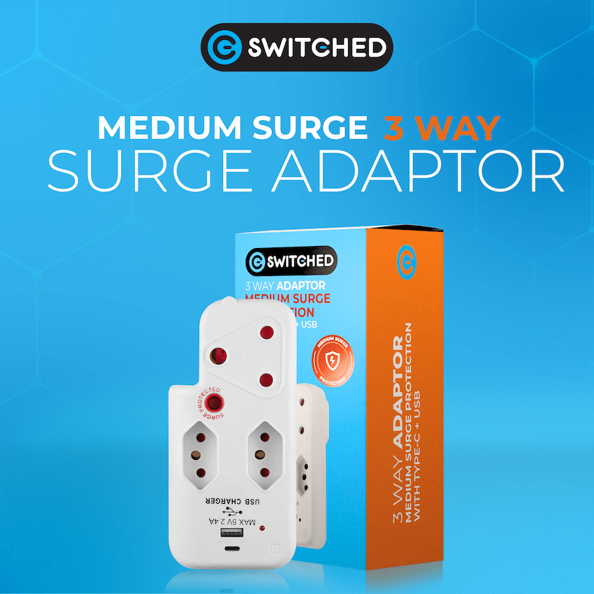 Switched 3-Way Medium Surge Adaptor with Type-C + USB - White