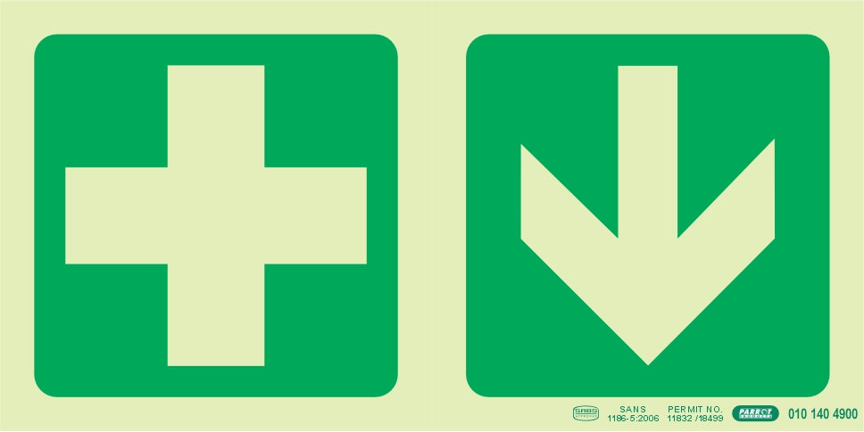 Photoluminescent 190MM Safety Sign - E7A-Green Cross+Arrow Down