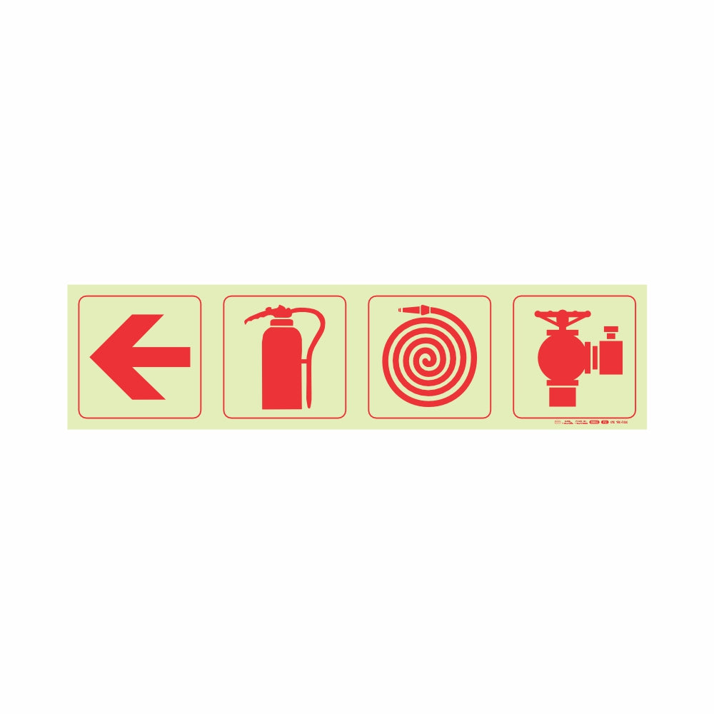 Photoluminescent 190mm Safety Sign - F1-Arrow Down + Fire Extinguisher + Fire Hose Reel+Fire Hyrant
