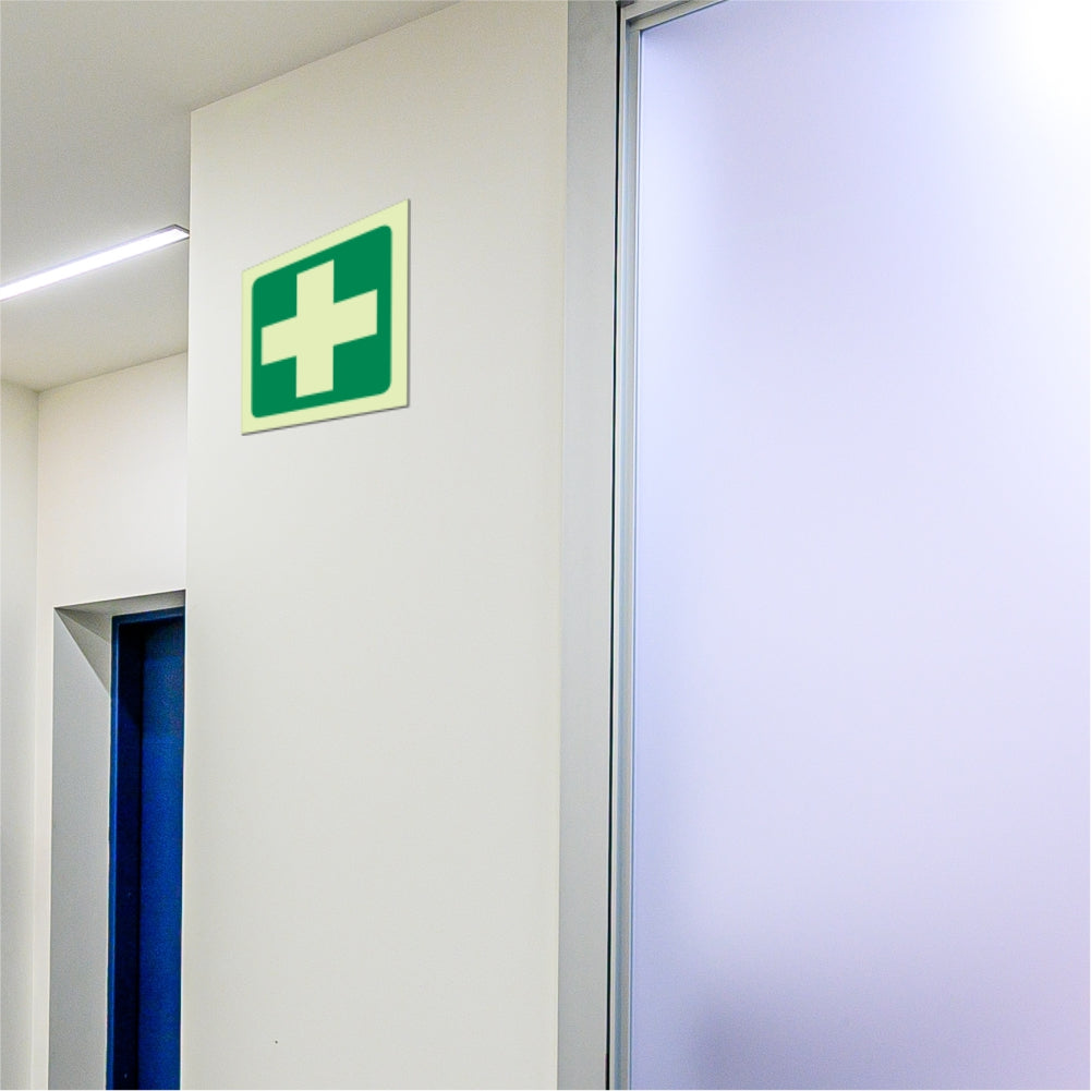 Photoluminescent 190MM Safety Sign - E7-Green Cross