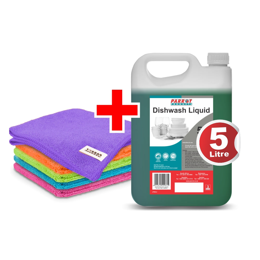 5l Dishwash & Microfibre cloths