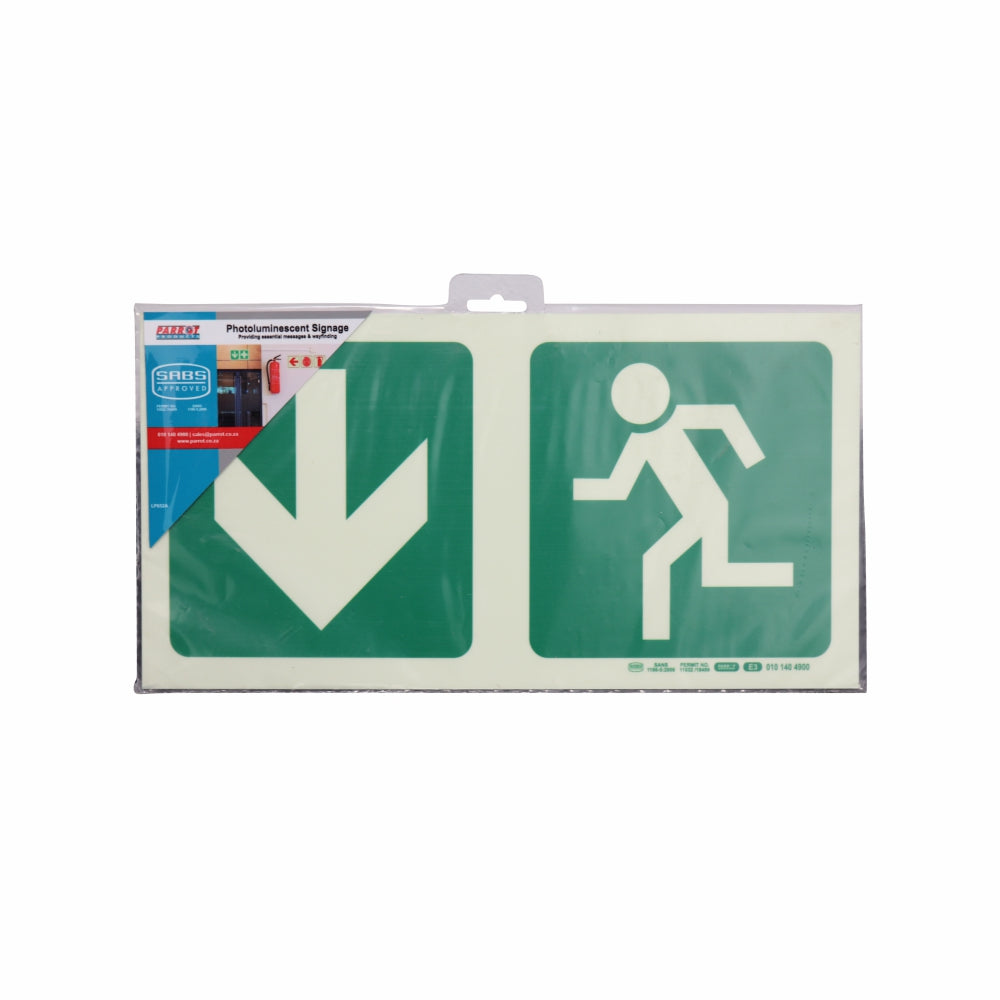 Photoluminescent 190MM Safety Sign - E3-Arrow Down+Running Man