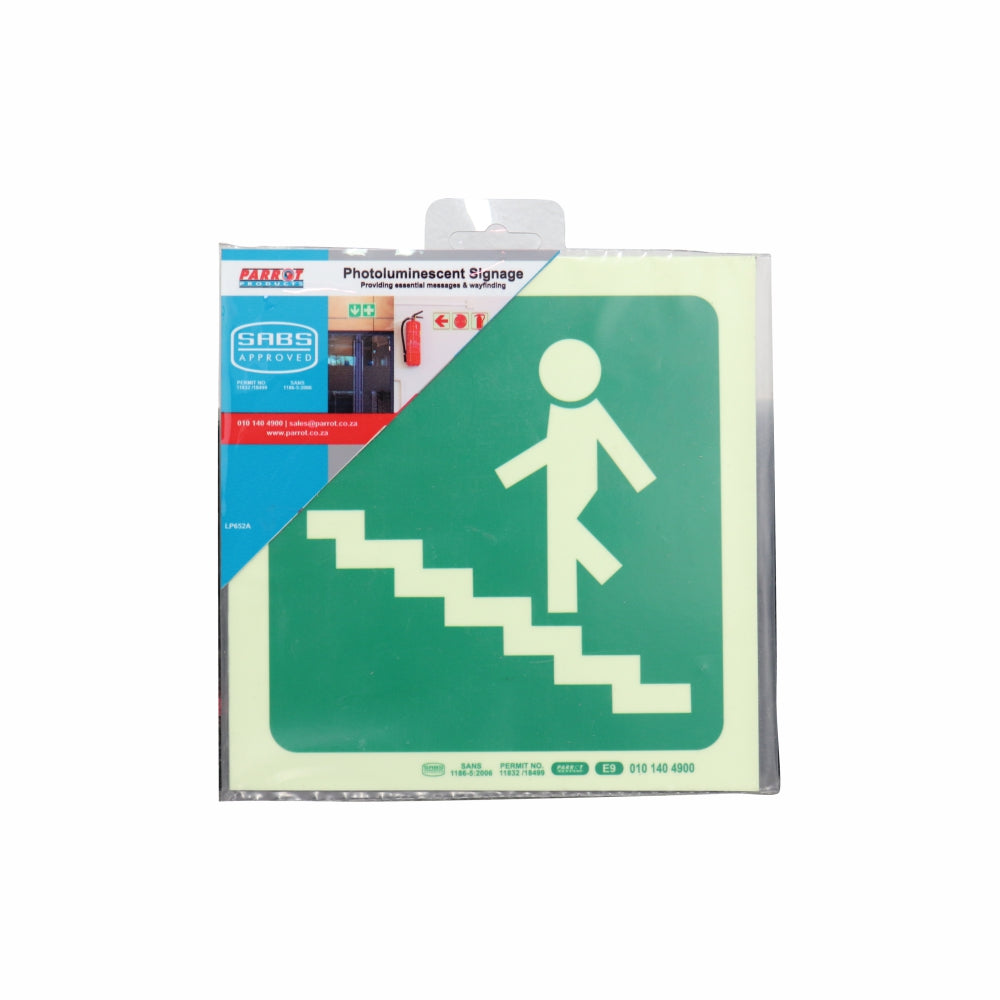Photoluminscent 190MM Safety Sign - E9-Running Man On Stairs Going Up AND Left