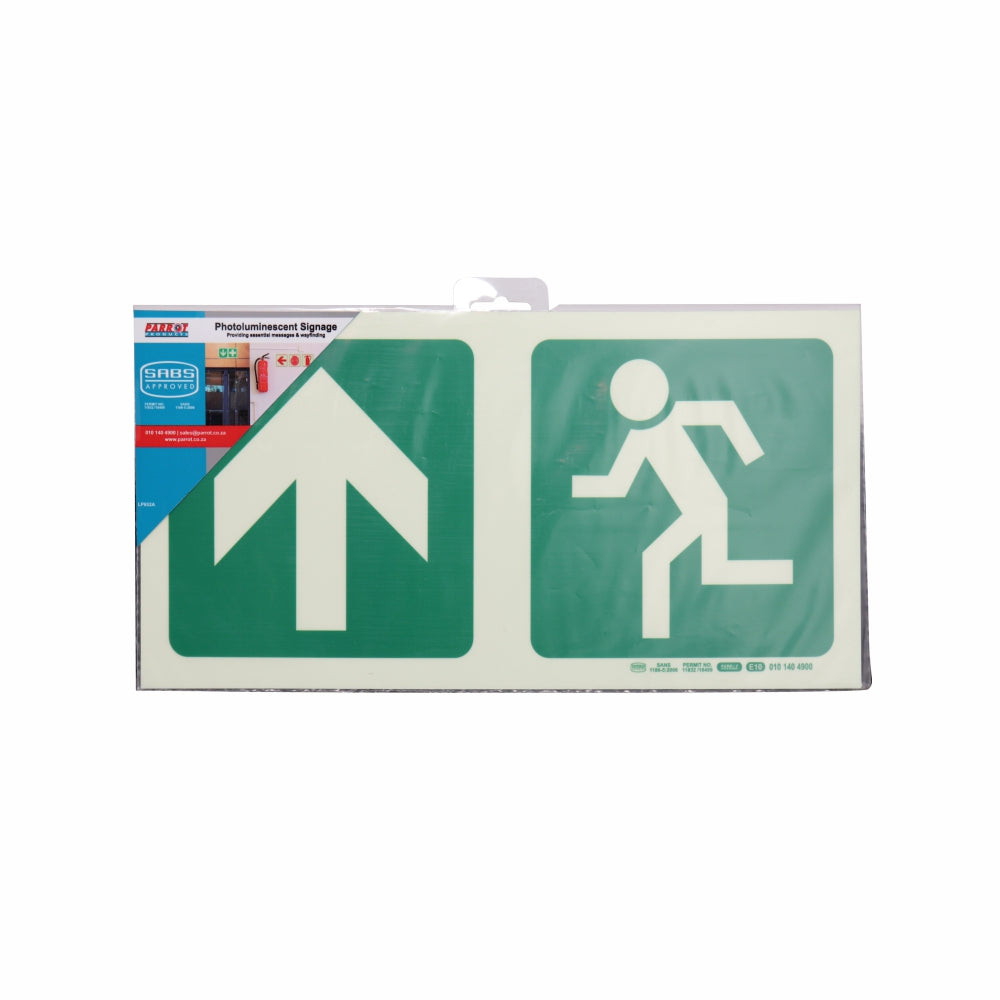 Photoluminescent 190MM Safety Sign - E10-Arrow Up+Running Man