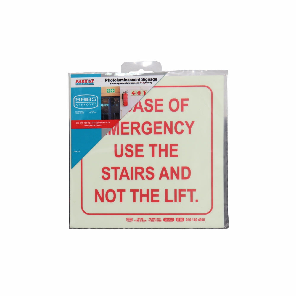 Photoluminescent 190MM Safety Sign - E15-In Case Of Emergency Use The Stairs AND Not The Lift