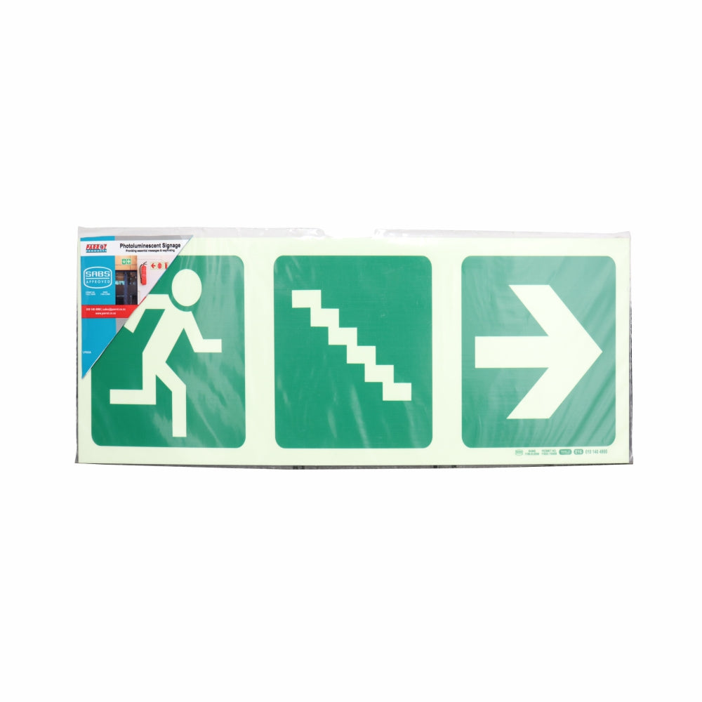 Photoluminescent 190MM Safety Sign - E16-Running Man+Stairs Going Down+Arrow Right