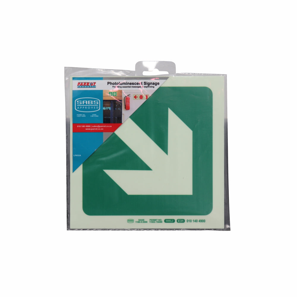 Photoluminescent 190MM Safety Sign - E31-Diagonal Arrow Down AND Right