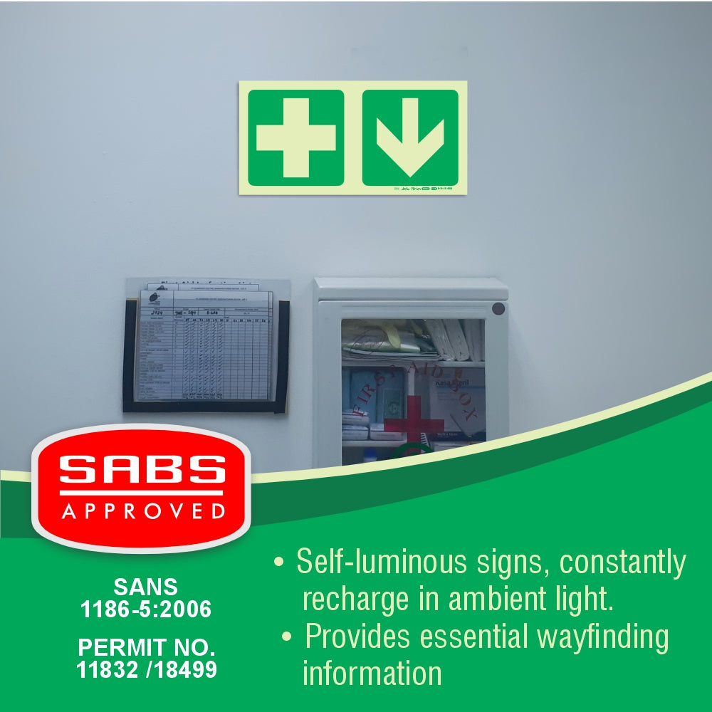 Photoluminescent 190MM Safety Sign - E7A-Green Cross+Arrow Down