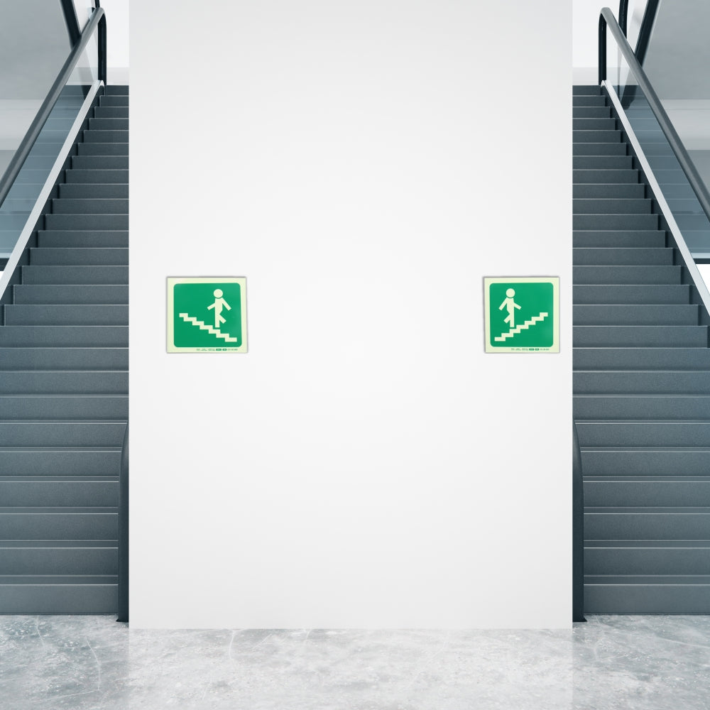 Photoluminscent 190MM Safety Sign - E9-Running Man On Stairs Going Up AND Left