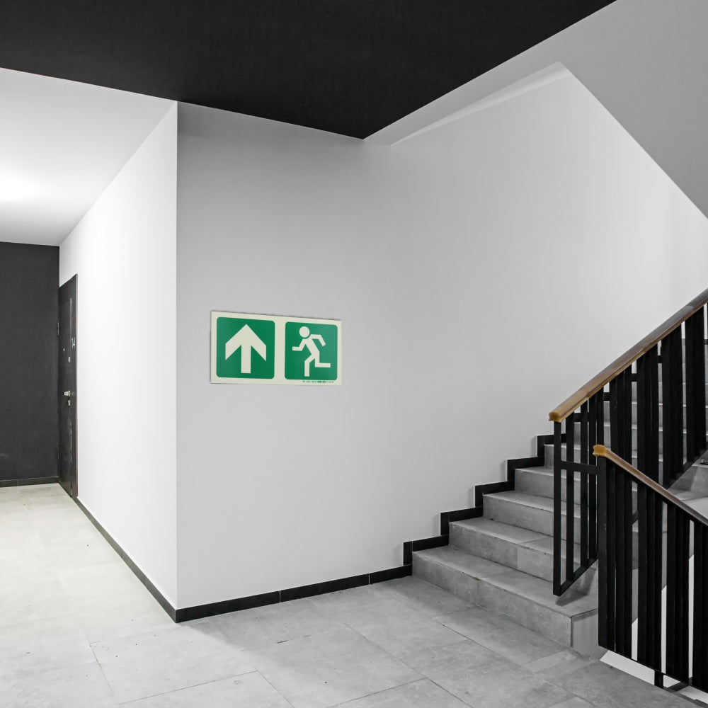 Photoluminescent 190MM Safety Sign - E10-Arrow Up+Running Man