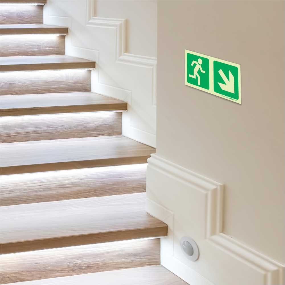 Photoluminescent 190MM Safety Sign - E13-Running Man+Diagonal Arrow Down AND Right