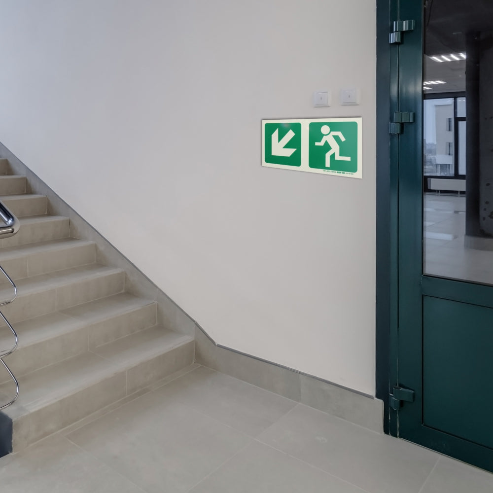 Photoluminescent 190MM Safety Sign - E14-Diagonal Arrow Down AND Left + Running Man