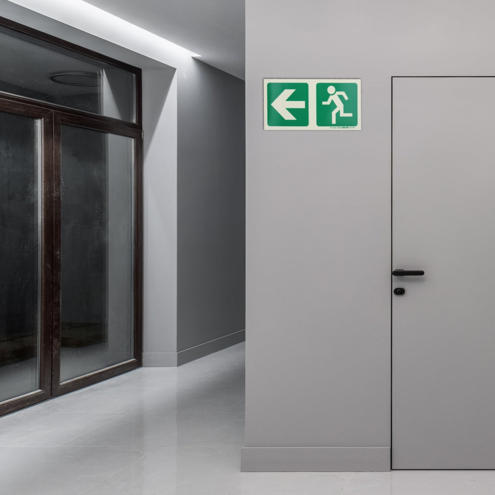 Photoluminescent 190MM Safety Sign - E2-Arrow Left+Running Man