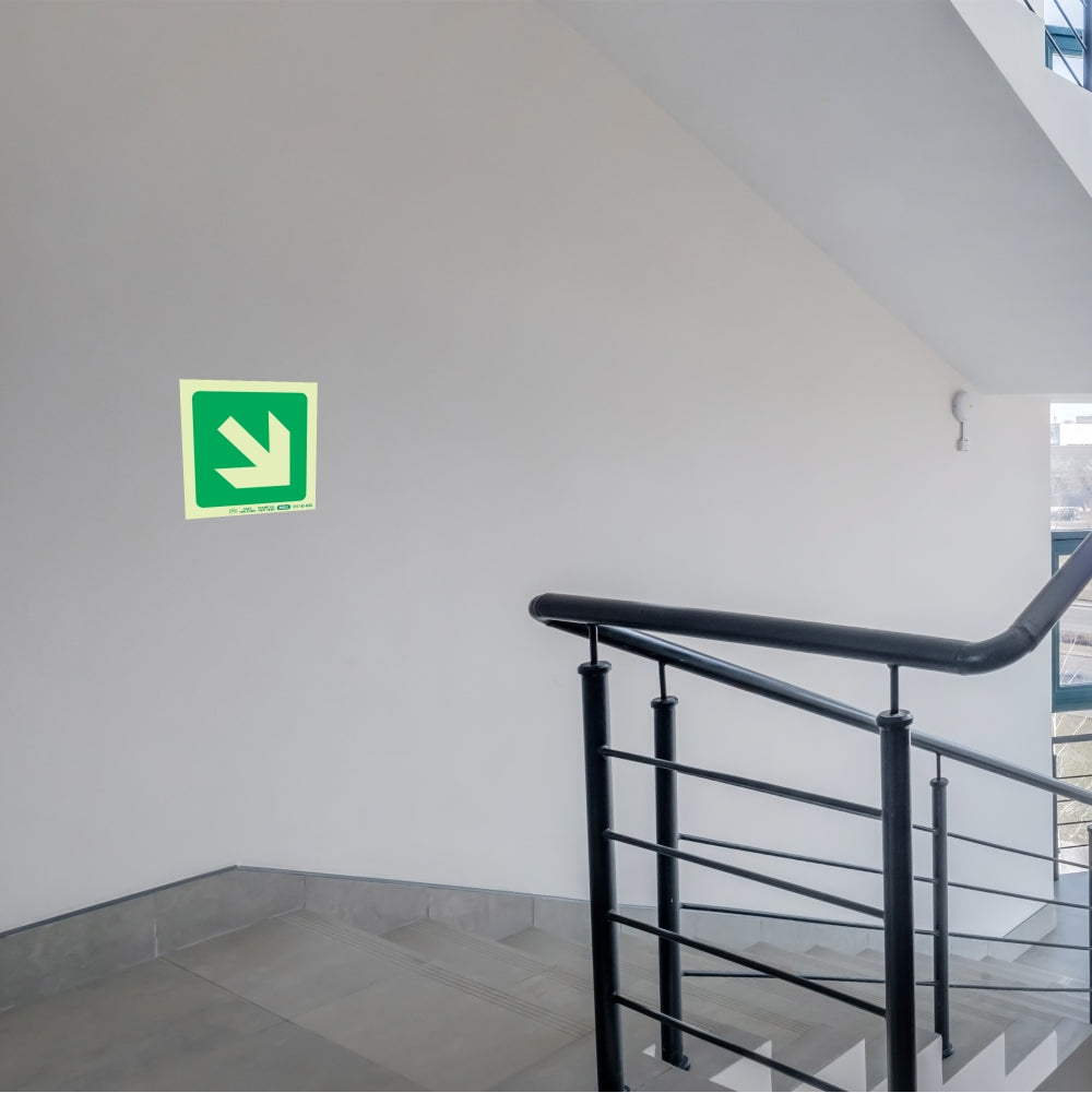 Photoluminescent 190MM Safety Sign - E31-Diagonal Arrow Down AND Right