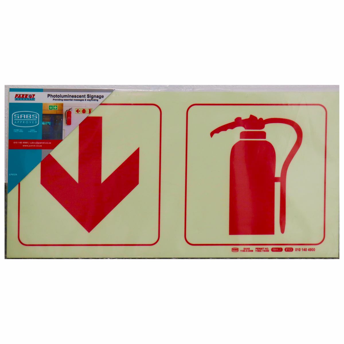 Photoluminescent - 190m Safety Sign F13 Arrow Down Fire Extinguisher