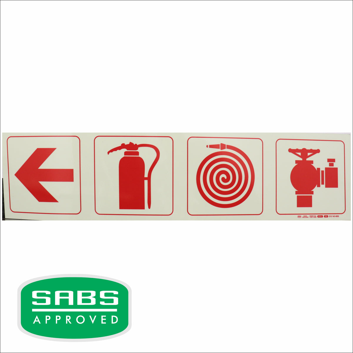 Photoluminescent 190mm Safety Sign - F1-Arrow Down + Fire Extinguisher + Fire Hose Reel+Fire Hyrant