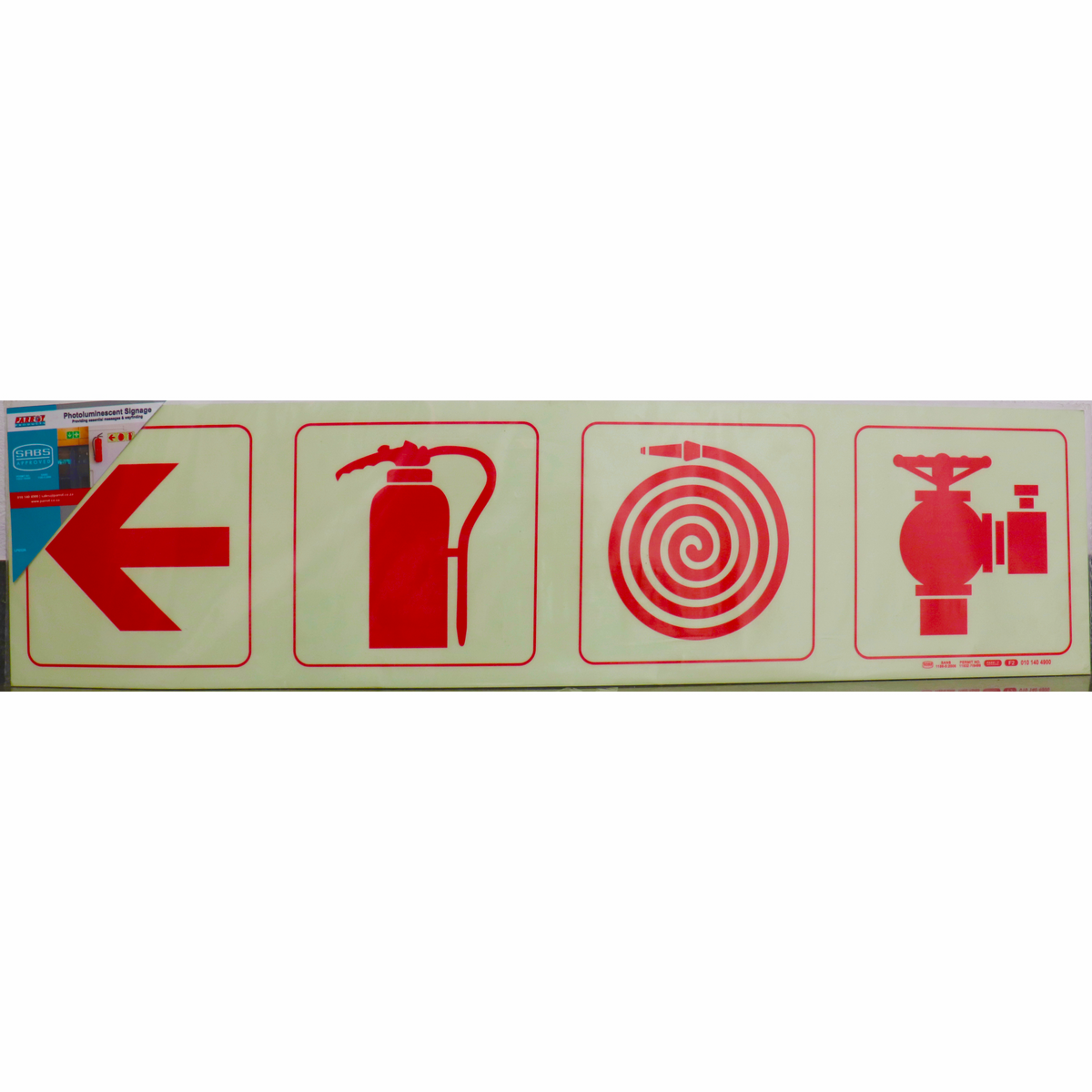 Photoluminescent 190mm Safety Sign - F1-Arrow Down + Fire Extinguisher + Fire Hose Reel+Fire Hyrant