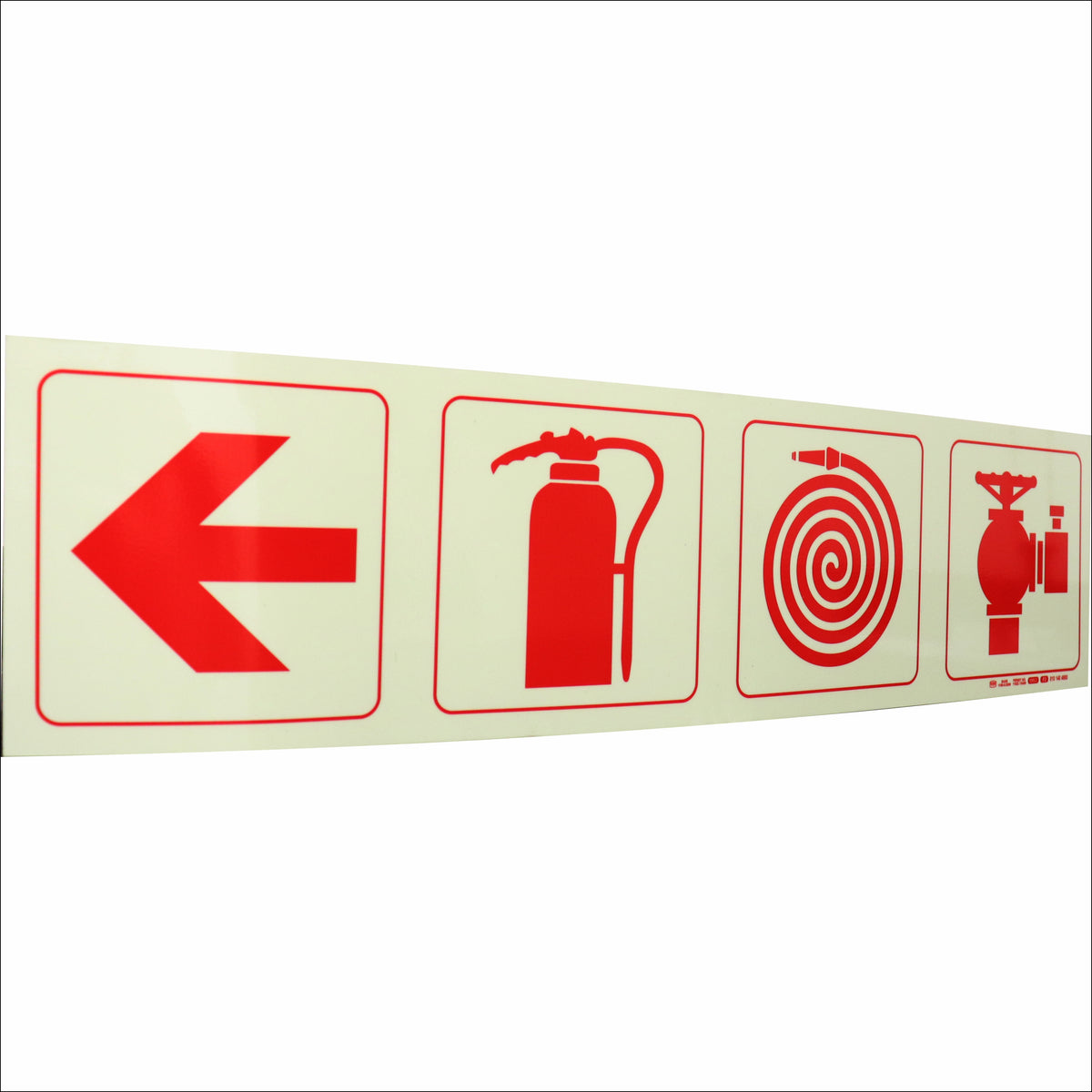 Photoluminescent 190mm Safety Sign - F1-Arrow Down + Fire Extinguisher + Fire Hose Reel+Fire Hyrant