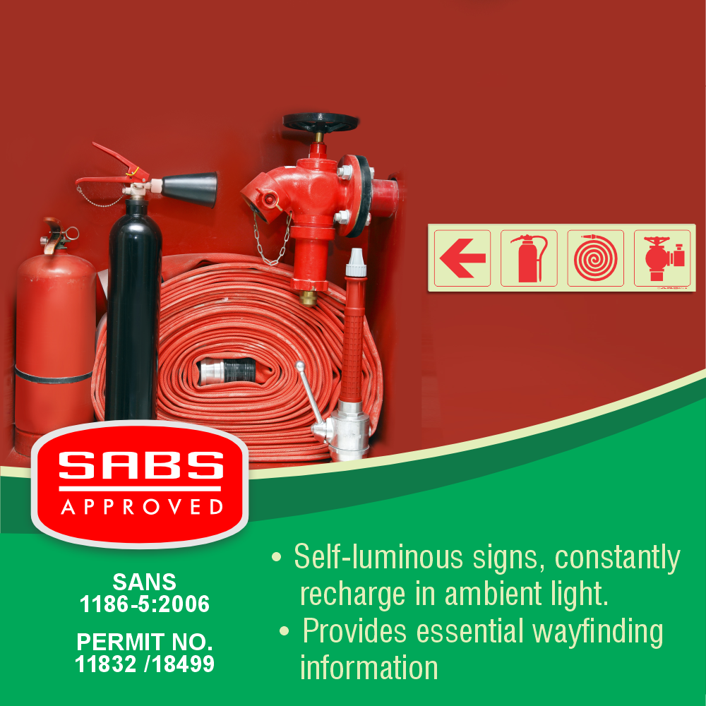Photoluminescent 190mm Safety Sign - F1-Arrow Down + Fire Extinguisher + Fire Hose Reel+Fire Hyrant
