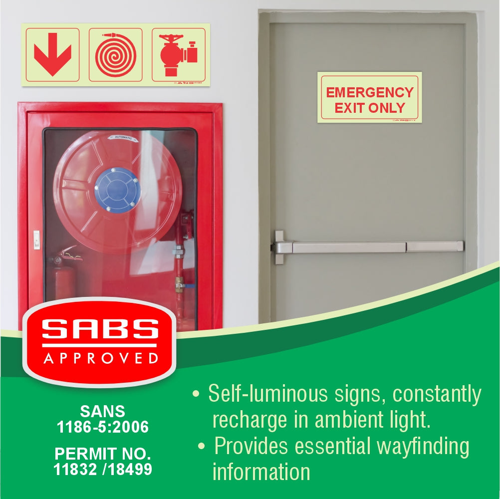 Photoluminescent 190mm Safety Sign F7 Arrow Down Fire Hose Reel Fire Hydrant