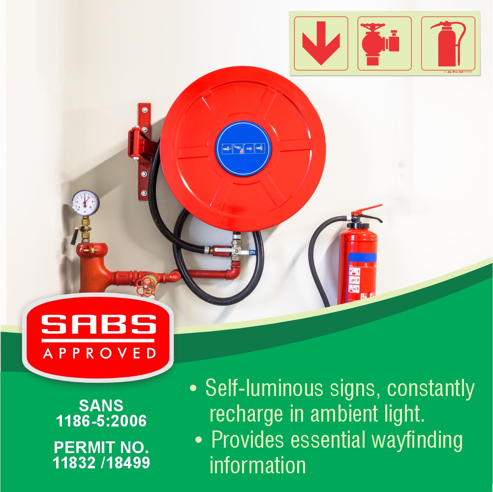 Photoluminescent 190mm Safety Sign F10 Arrow Down Fire Extinguisher Fire Hydrant
