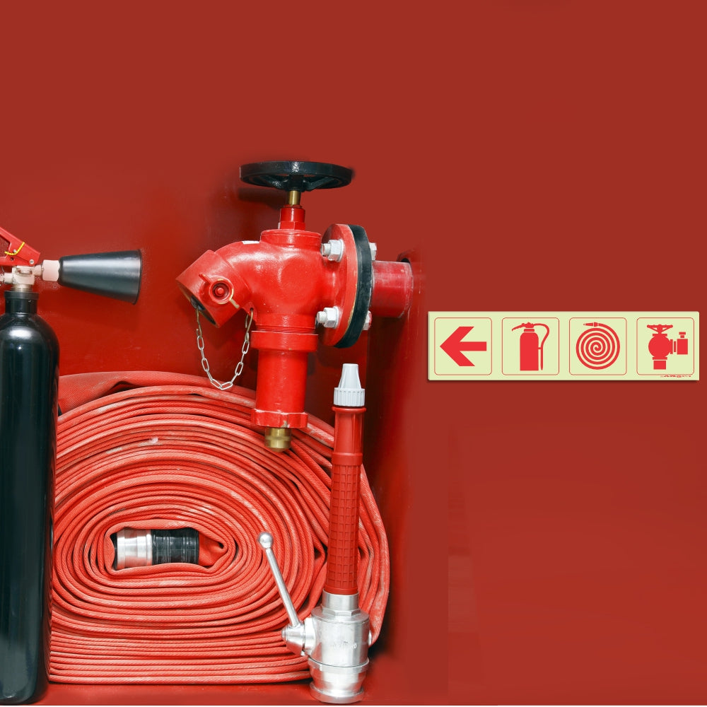 Photoluminescent 190mm Safety Sign - F1-Arrow Down + Fire Extinguisher + Fire Hose Reel+Fire Hyrant