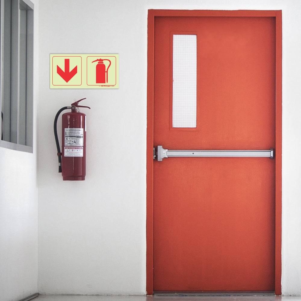 Photoluminescent - 190m Safety Sign F13 Arrow Down Fire Extinguisher