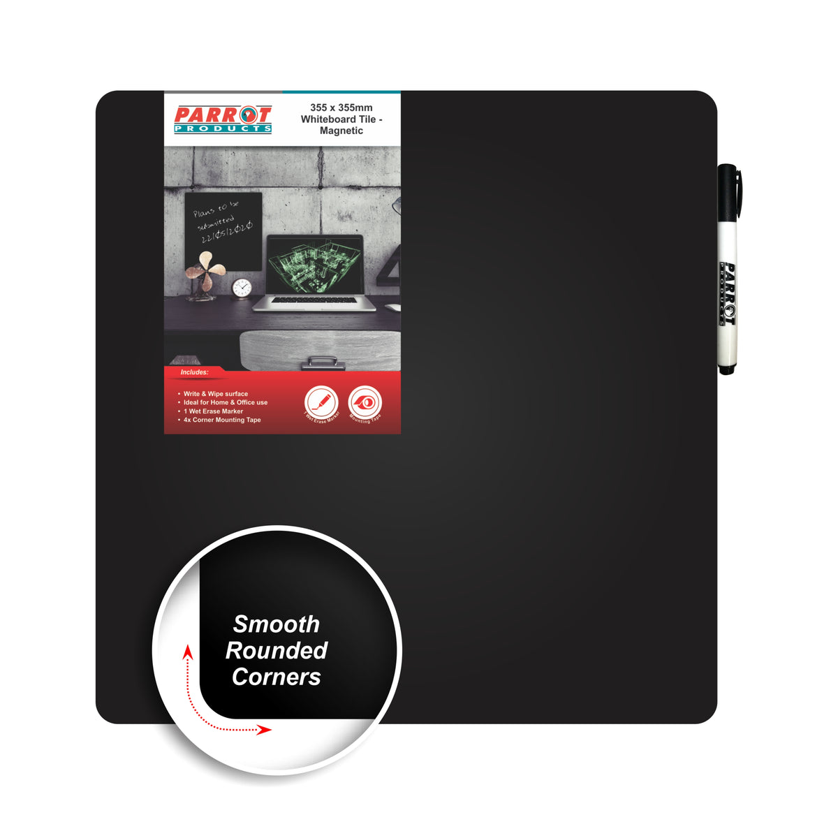 Parrot Products Magnetic Whiteboard Tile (355*355mm - Black)