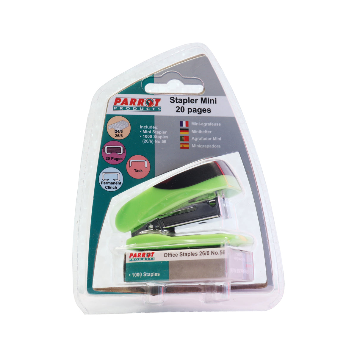 STAPLER PLASTIC MINI GREEN + STAPLES (1000x26/6)