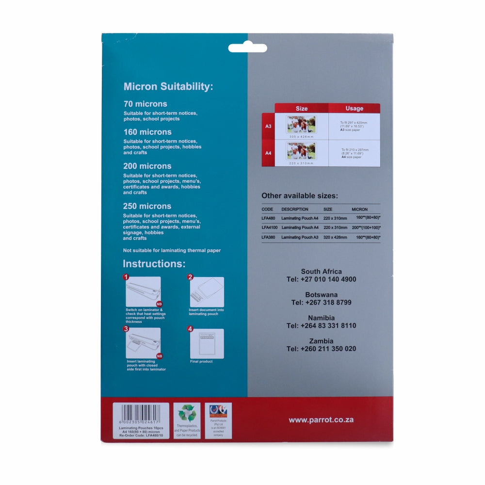 Laminating Pouches (A4 - Gloss - 220x310mm - 160 (80+80) Microns - Pack 10)