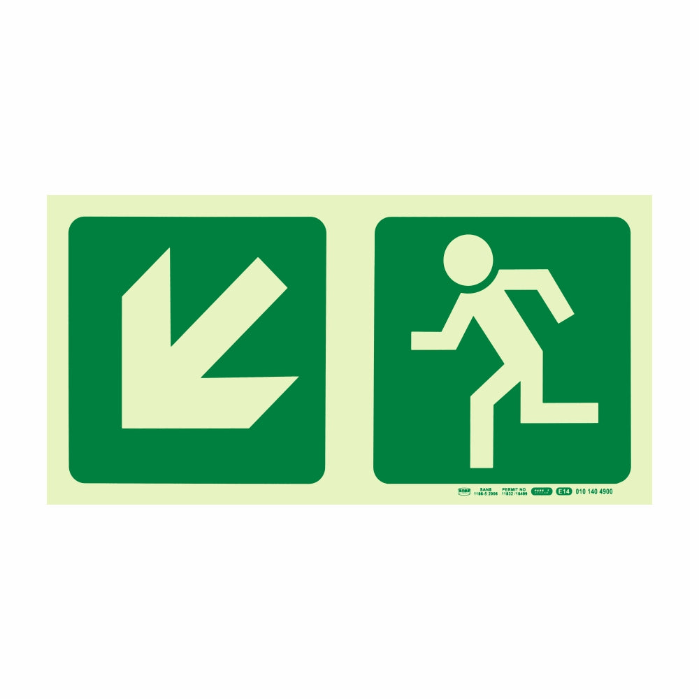 Photoluminescent 190MM Safety Sign - E14-Diagonal Arrow Down AND Left + Running Man