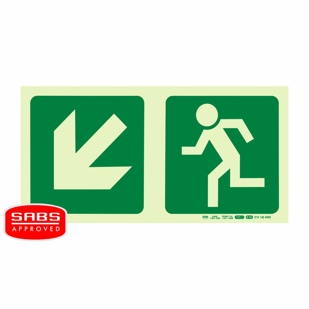 Photoluminescent 190MM Safety Sign - E14-Diagonal Arrow Down AND Left + Running Man