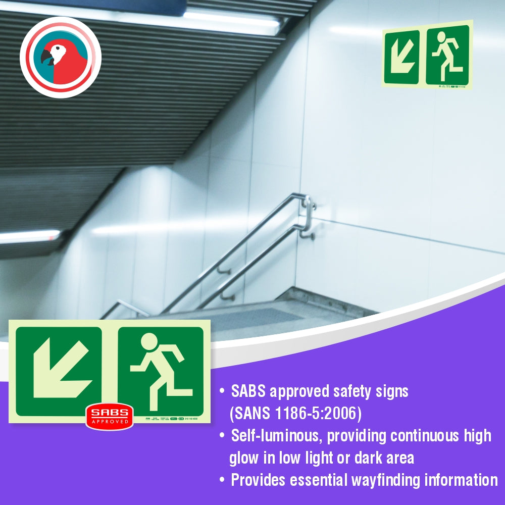 Photoluminescent 190MM Safety Sign - E14-Diagonal Arrow Down AND Left + Running Man