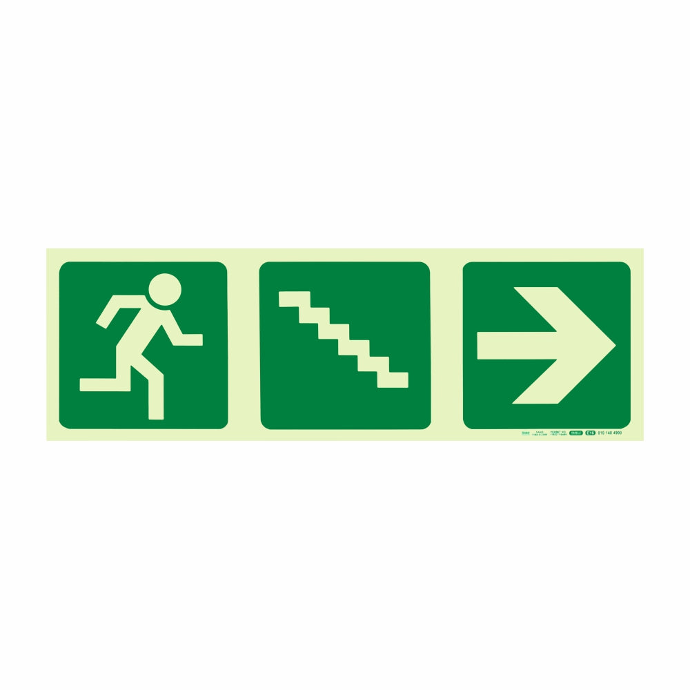Photoluminescent 190MM Safety Sign - E16-Running Man+Stairs Going Down+Arrow Right