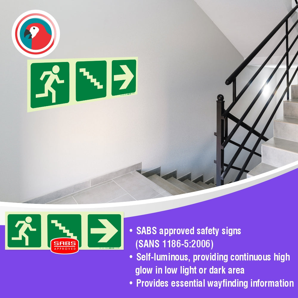 Photoluminescent 190MM Safety Sign - E16-Running Man+Stairs Going Down+Arrow Right