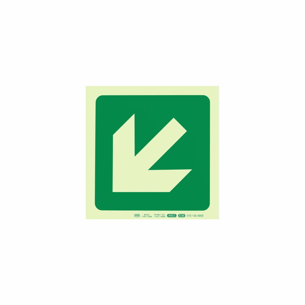 Photoluminescent 190MM Safety Sign - E30-Diagonal Arrow Down AND Left