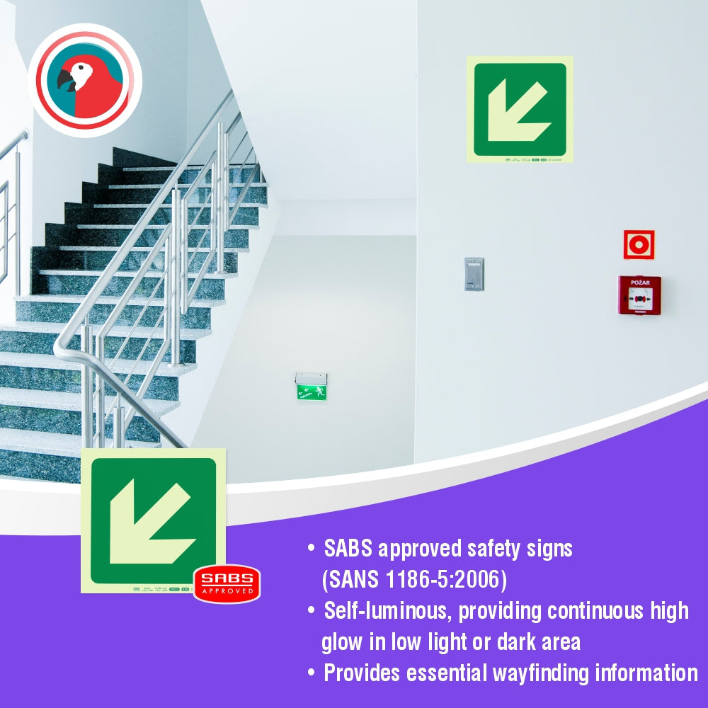 Photoluminescent 190MM Safety Sign - E30-Diagonal Arrow Down AND Left