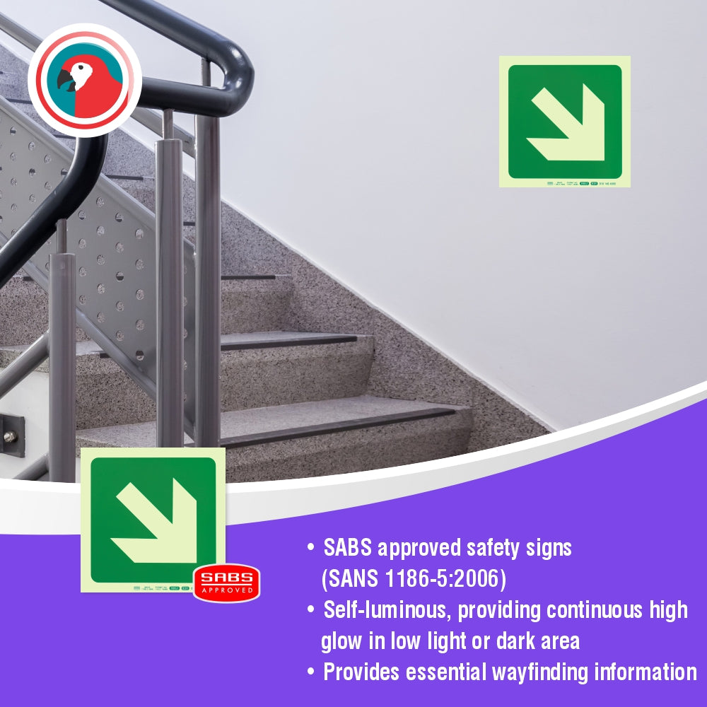 Photoluminescent 190MM Safety Sign - E31-Diagonal Arrow Down AND Right