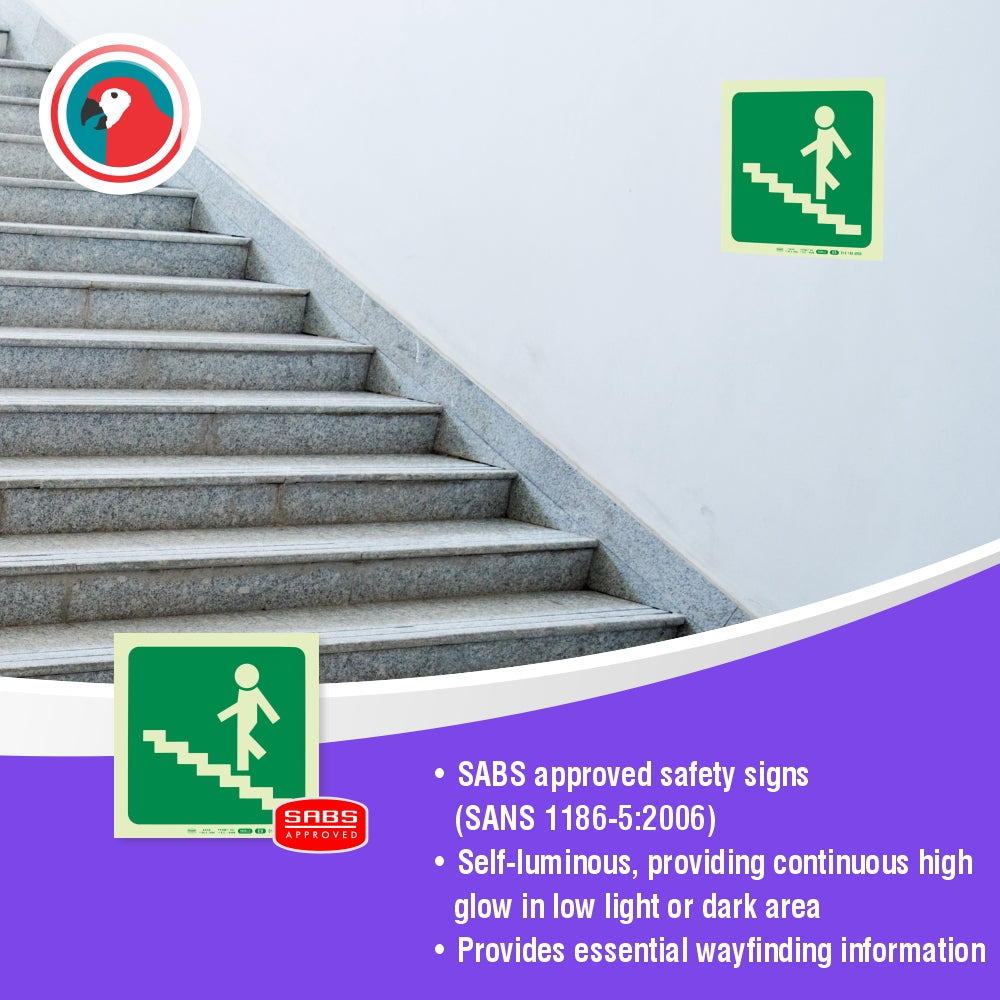 Photoluminscent 190MM Safety Sign - E9-Running Man On Stairs Going Up AND Left