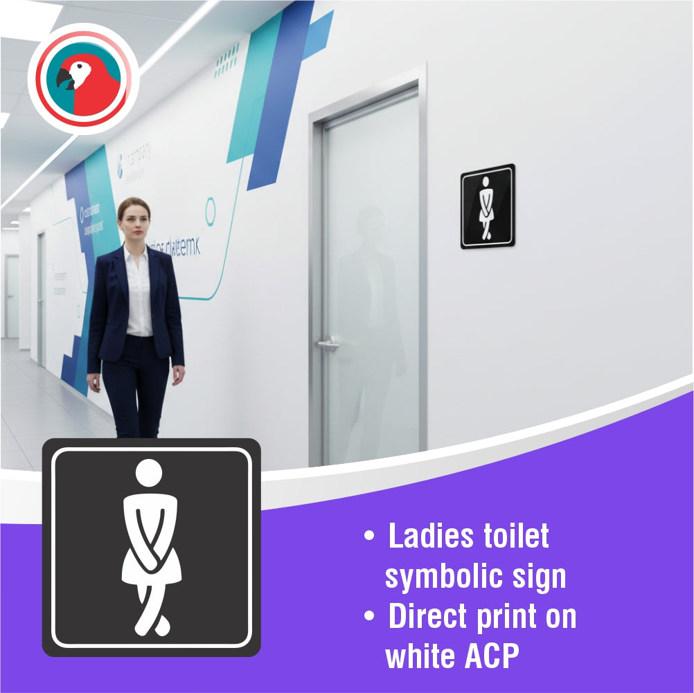 Sign Symbolic 150*150mm Black Printed Ladies Toilet Sign on White ACP